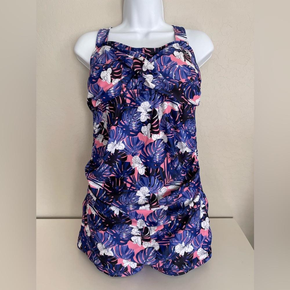 EastElegant Blue & Pink Floral One Piece Halter Maternity Swimsuit Size XL